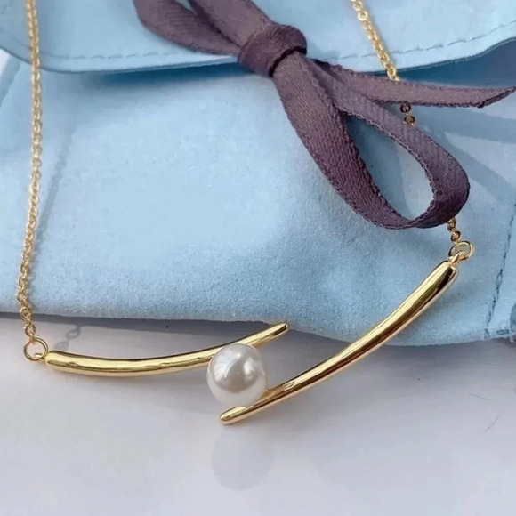 925 Sterling Silver Double Bar Pearl Necklace - Picture 4 of 10